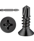 Close-up of 600pcs #8 x 1/2 Inch Flat Head Self Tapping Sheet Metal Screws Black Stainless Steel with deep threads and bit view