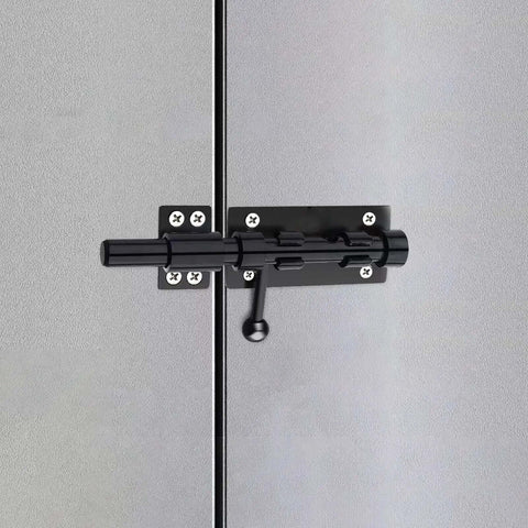 Close-up of Heavy Duty 6.3 Inch Gate Latch Barrel Bolt Slide Lock in Solid 304 Stainless Steel with Black Finish, Installed on Door