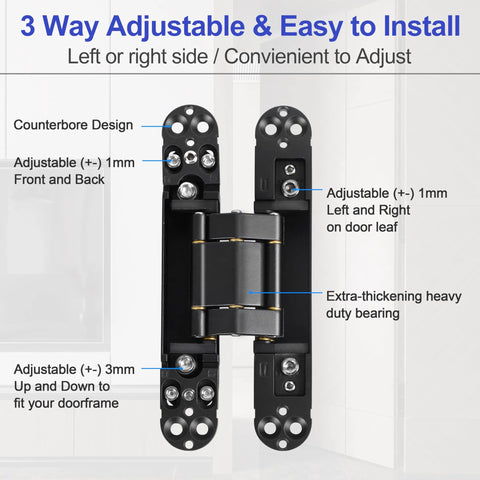 Two Kit Set Of 6 Inch Stainless Steel Hidden Door Hinges 3 way adjustable black design for thick doors
