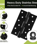 Six Pack Black Door Hinges 6 Inch Ball Bearing Heavy Duty Stainless Steel Hinges with square corner and screws close-up.