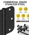 Close-up of a black stainless steel ball bearing door hinge with icons showing features and text 'pin not removable'.