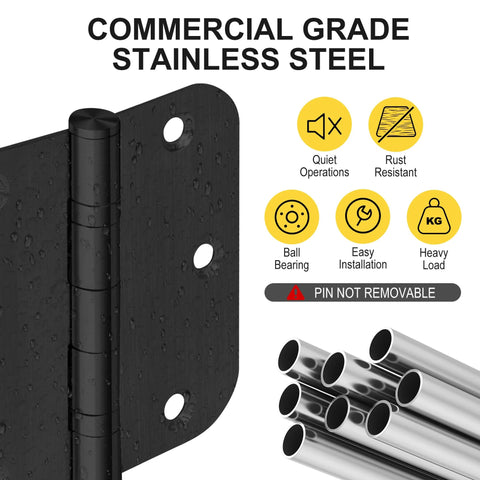 Close-up of a black stainless steel ball bearing door hinge with icons showing features and text 'pin not removable'.