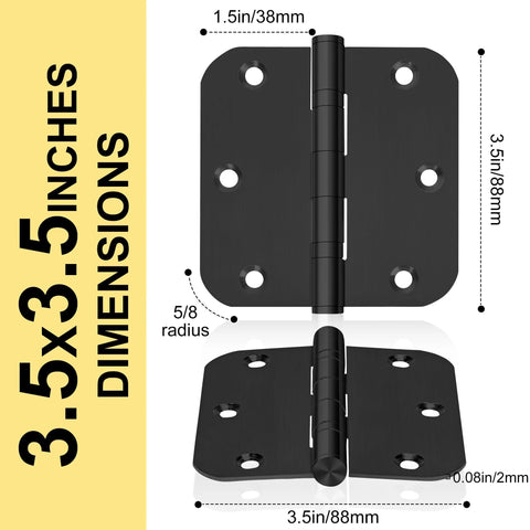 Image of a 6 Pack 3.5 Inch Heavy Duty Stainless Steel Ball Bearing Door Hinge with Non Removable Pin, 5/8 Inch Rounded Corners, Black.