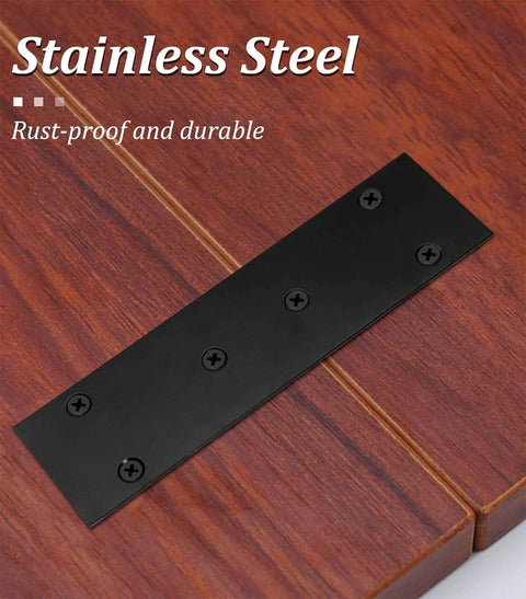 ✝️ 4Pcs Flat Straight Brace Brackets Stainless Steel, Black Fixing Mending Joining Plates Shelf Support Repair Plate on wood surface