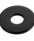 Close-up of a black-coated washer, part of 50 Pcs 1/4 Inch Stainless Flat Washers 0.69 Inch Outer Diameter Black Coated 304 Stainless Steel For Screws And Bolts.