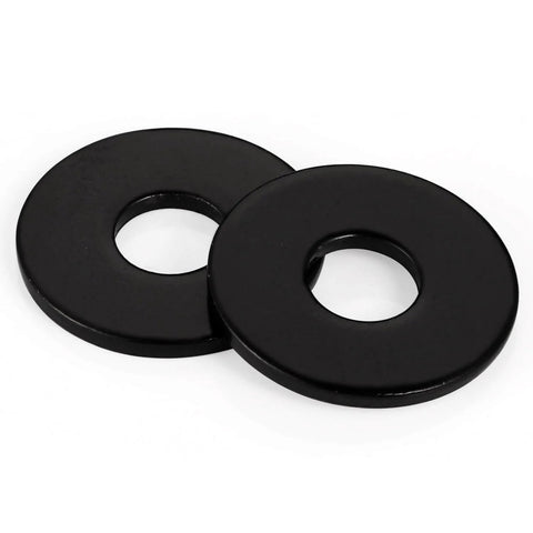 Close-up of two black-coated flat washers from the 50 Pcs 1/4 Inch Stainless Flat Washers 0.69 Inch Outer Diameter Black Coated 304 Stainless Steel For Screws And Bolts set