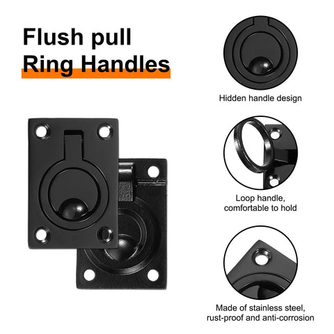 2 Pack Flush Ring Pulls Stainless Steel Rectangle Recessed Door Pull With Screws Black Finish for furniture and boats.