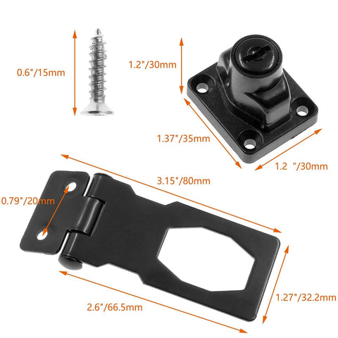 Two Pack 2.5 Inch Hasp Lock With Keys Flat Black Stainless Steel Cabinet Latch Concealed Screws Twist Knob Keyed Locking