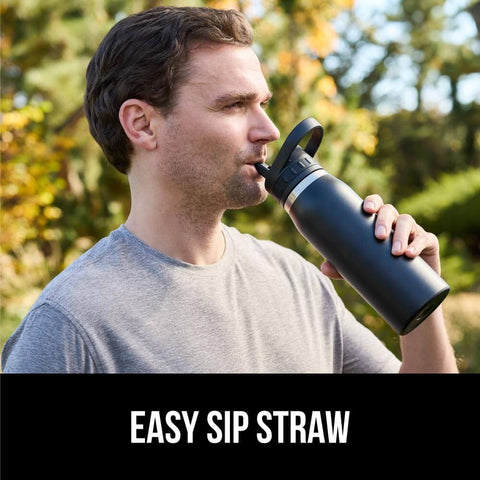Man drinking from Beast Mode Heavy Duty Stainless Steel Water Bottle 40 Oz Insulated Tumbler with Leakproof Flip Straw