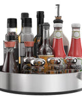Pantry Cabinet Lazy Susan Black 304 Stainless Steel Turntable displaying spices and condiments, 10-inch diameter, rustproof and durable.
