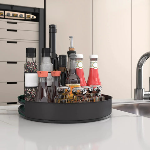 Stainless Steel Lazy Susan Turntable For Pantry Cabinet And Kitchen Organization, 7.5 Inch Spinning Rack for Spices, Snacks, Black Finish