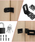 4 Inch 90 Degree Stainless Steel Padlock Hasps with Padlock and Keys Set shown on wooden cabinet doors
