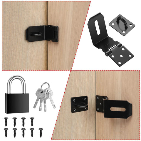 4 Inch 90 Degree Stainless Steel Padlock Hasps with Padlock and Keys Set shown on wooden cabinet doors