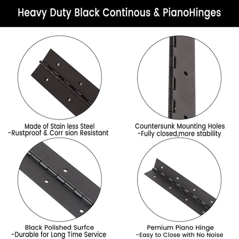 Diagram of 2-Pack 12-Inch Black Stainless Steel Heavy Duty Continuous And Piano Hinges with key features highlighted