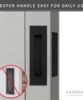 Recessed Finger Flush Pulls With Edge Pull For Pocket Doors And Sliding Closets, black rustproof stainless steel handle on door.