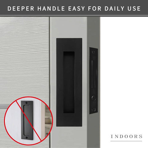 Recessed Finger Flush Pulls With Edge Pull For Pocket Doors And Sliding Closets, black rustproof stainless steel handle on door.