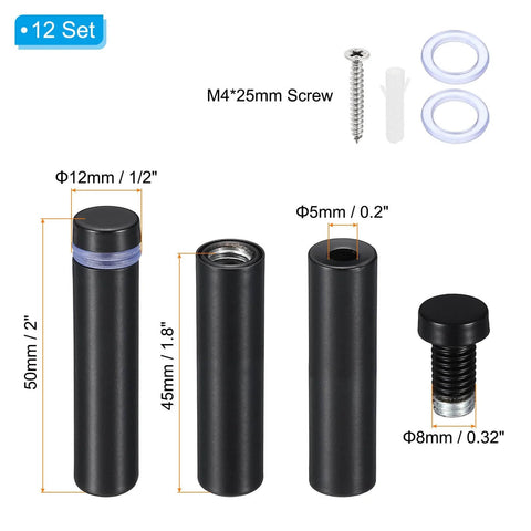 Sign Standoff Screws 12 Pack Stainless Steel Black Wall Mounting Hardware with dimensions and M4 25mm screws for displays.