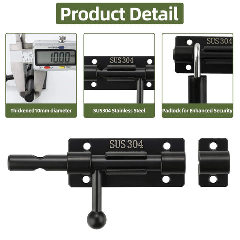 4 Inch Sliding Door Lock, SUS304 Stainless Steel Padlock-Style Gate Latch details, including thickness measurement and material