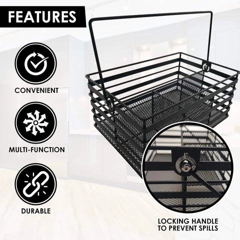 Stainless Steel Utensil Basket,Dishwasher , Flatware Basket, Kitchen, Countertop, Office, Camping, Outdoors, and Restaurants, 4-Compartment, Black with locking handle features