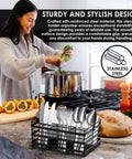 Stainless Steel Utensil Basket, Dishwasher, Flatware Basket, Kitchen, Countertop, 4-Compartment, Black with woman cooking nearby