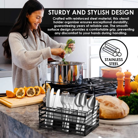 Stainless Steel Utensil Basket, Dishwasher, Flatware Basket, Kitchen, Countertop, 4-Compartment, Black with woman cooking nearby