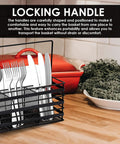 Stainless Steel Utensil Basket, Dishwasher, Flatware Basket with locking handle on kitchen countertop, black 4-compartment design.