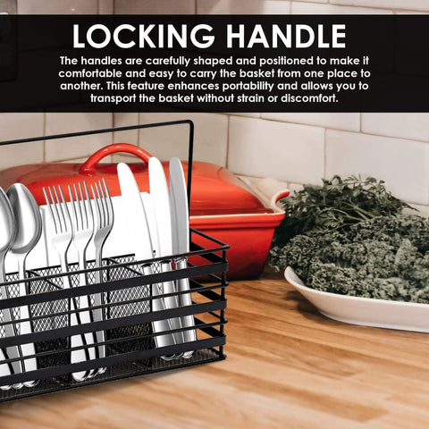 Stainless Steel Utensil Basket, Dishwasher, Flatware Basket with locking handle on kitchen countertop, black 4-compartment design.