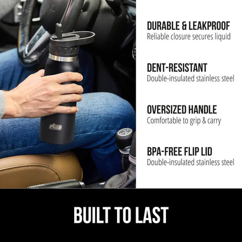 Person holding Beast Mode Heavy Duty Stainless Steel Water Bottle 40 Oz Insulated Tumbler in car, showing dent-resistant and leakproof lid.