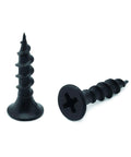 Two #8 x 3/4 Inch Black Phosphate Stainless Steel Wood Screws, Flat Truss Head Self Tapping Drywall Screws shown on a white background.