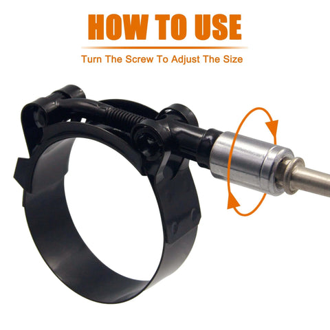 4 Pack 4 Inch T Bolt Hose Clamps In Black Coated 304 Stainless Steel For Heavy Duty Use Clamp Range 108 To 116 Mm 4.25 To 4.57 Inches Outer Diameter Suitable For 4 Inch Hose ID Rust Resistant High Hardness showing size adjustment with screw
