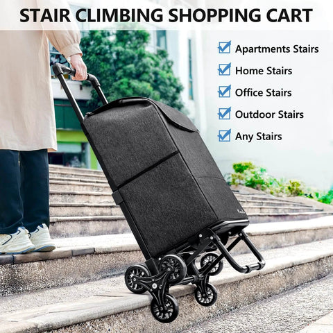 Person using ✝️ 2 in 1 Grocery Cart on Wheels for Stairs, 60L/300LBS Shopping Carts for Groceries, Stair Climbing Cart, Black