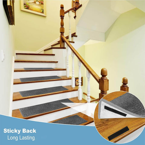 Stairs with dark tread mats attached using Heavy Duty Adhesive Strips Roll 26.5 Feet By 1.2 Inches Self Adhesive Nylon Back Fastener Tape.
