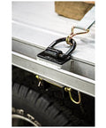 Installed Stake Pocket D-Ring - 1/2 Inch Forged Steel D Ring with 2-1/2 Inch I.D., Black Powder-Coated, on truck stake pocket.