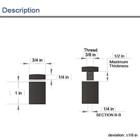 Technical diagram showing dimensions of Twenty Pack Stainless Steel Standoff Screws for Acrylic Signs Black Finish Includes All Mounting Hardware.