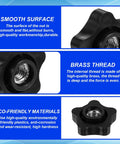 Set Of 12 Black Star Knobs With Three Eighths Inch By Sixteen Female Threads For T Track Bolts Jigs Sawing Machines Drilling Machines And Lathes Durable Plastic Construction With Smooth Surface showing brass thread and eco-friendly materials