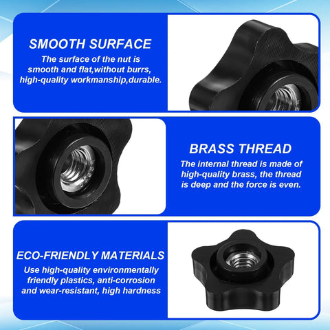 Set Of 12 Black Star Knobs With Three Eighths Inch By Sixteen Female Threads For T Track Bolts Jigs Sawing Machines Drilling Machines And Lathes Durable Plastic Construction With Smooth Surface showing brass thread and eco-friendly materials