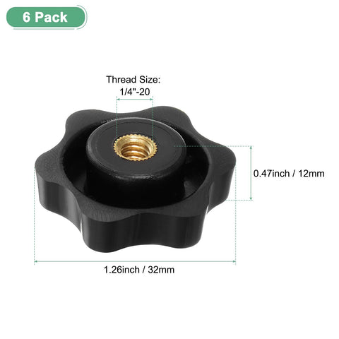 Six Pack Star Knobs With Quarter Inch Female Thread Hex Head Blind Hole Clamping Grips, black, 1/4-20 thread, 32mm head