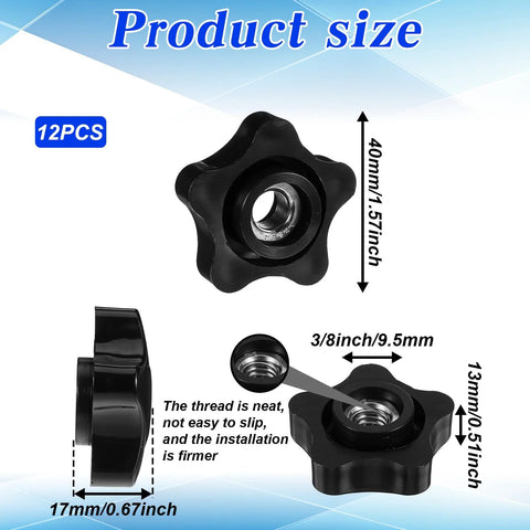 Set Of 12 Black Star Knobs With Three Eighths Inch By Sixteen Female Threads For T Track Bolts Jigs Sawing Machines Drilling Machines And Lathes Durable Plastic Construction With Smooth Surface dimensions illustration