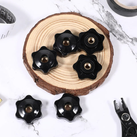 Six Pcs M6 Star Shaped Knobs With Hex Head Screw On Threaded Fasteners displayed on wooden surface