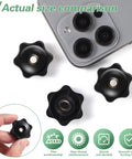 12 Pack 1/4-20 Star Knobs with Brass Insert shown with phone for size comparison, black 6 star design