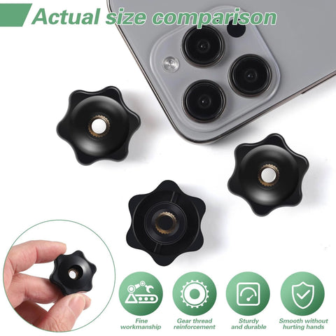 12 Pack 1/4-20 Star Knobs with Brass Insert shown with phone for size comparison, black 6 star design