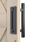 Heavy Duty 12" Pull and Flush Barn Door Handle Set, Large Rustic Two-Side Design, mounted on wood, solid steel, black finish