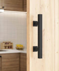 Heavy Duty 12" Pull and Flush Barn Door Handle Set, Large Rustic Two-Side Design, for Gates Garages Sheds Furniture, Solid Steel, Square, Black on wooden door