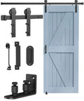 Barn Door Hardware Kit -6.6FT Sliding Door Hardware with Adjustable Floor Guide, shown with handles, latch, and black I shape hanger.