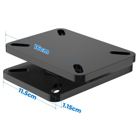 Greaseable 5000 Lb Rating Heavy Duty Bearing Plate Turntable, black steel platform, size dimensions visible, kingpinless design.