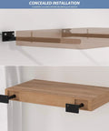 Beefy 8 Inch Floating Shelf Brackets Set for Hidden Support Blind Shelf Mounts for Floating Wood Shelves Includes Screws and Wall Plugs Black Steel Holds Up To 80 lbs installed on wall with wood shelves.