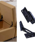 2-Piece Folding Bracket And Hidden Cabinet Hinge Set For Furniture And Beds, black steel installed on storage bench, side view