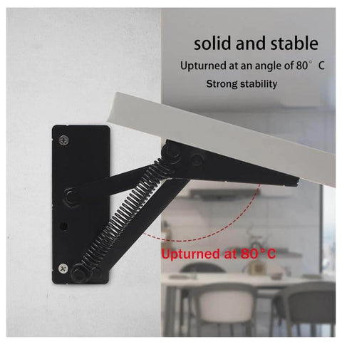 2-Piece Folding Bracket And Hidden Cabinet Hinge Set installed on table, showing stability and upturned at 80 degrees, black steel.