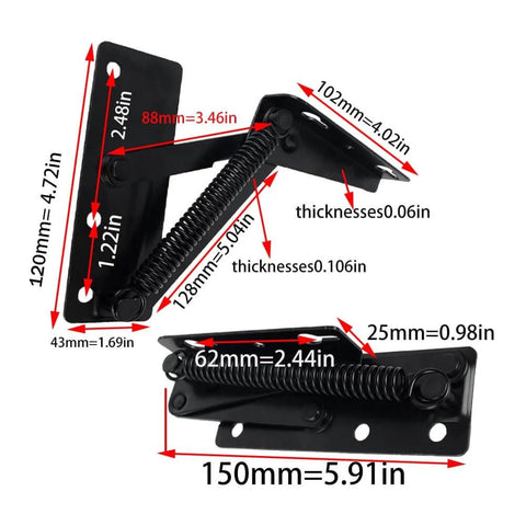 Diagram of 2-Piece Folding Bracket And Hidden Cabinet Hinge Set for Furniture and Beds, with size measurements, black steel.