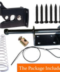 Self Locking Gate Latch For Outdoor Fences In Black Steel With Automatic Gravity Lever Lock Included Fasteners Spring And Cable Pull
